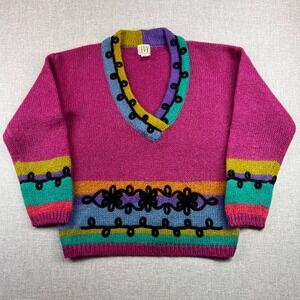 VTG 90s IVY Mohair Blend Colorblock Knit Sweater Women M Pink Cozy Artsy Bold